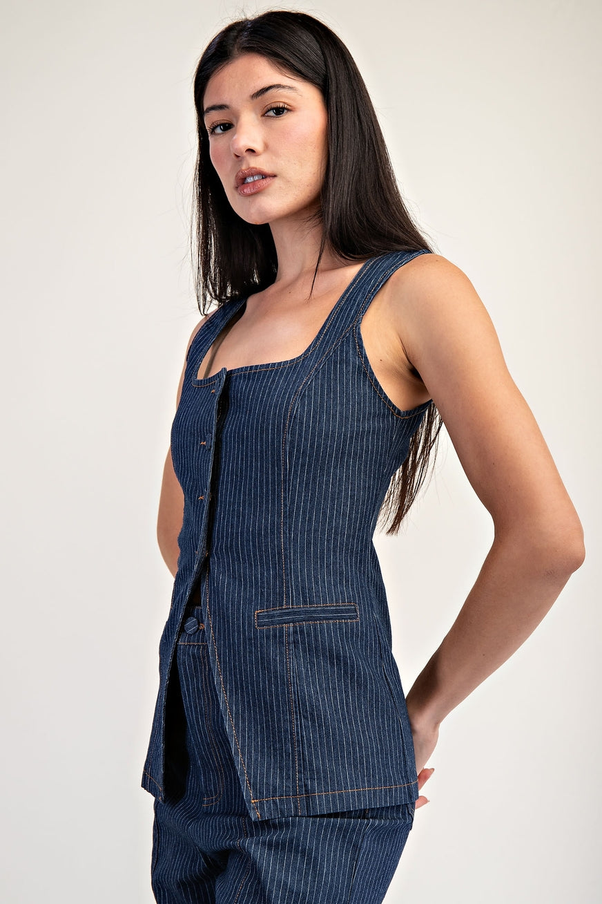 Pinstripe Denim Button-Up Vest