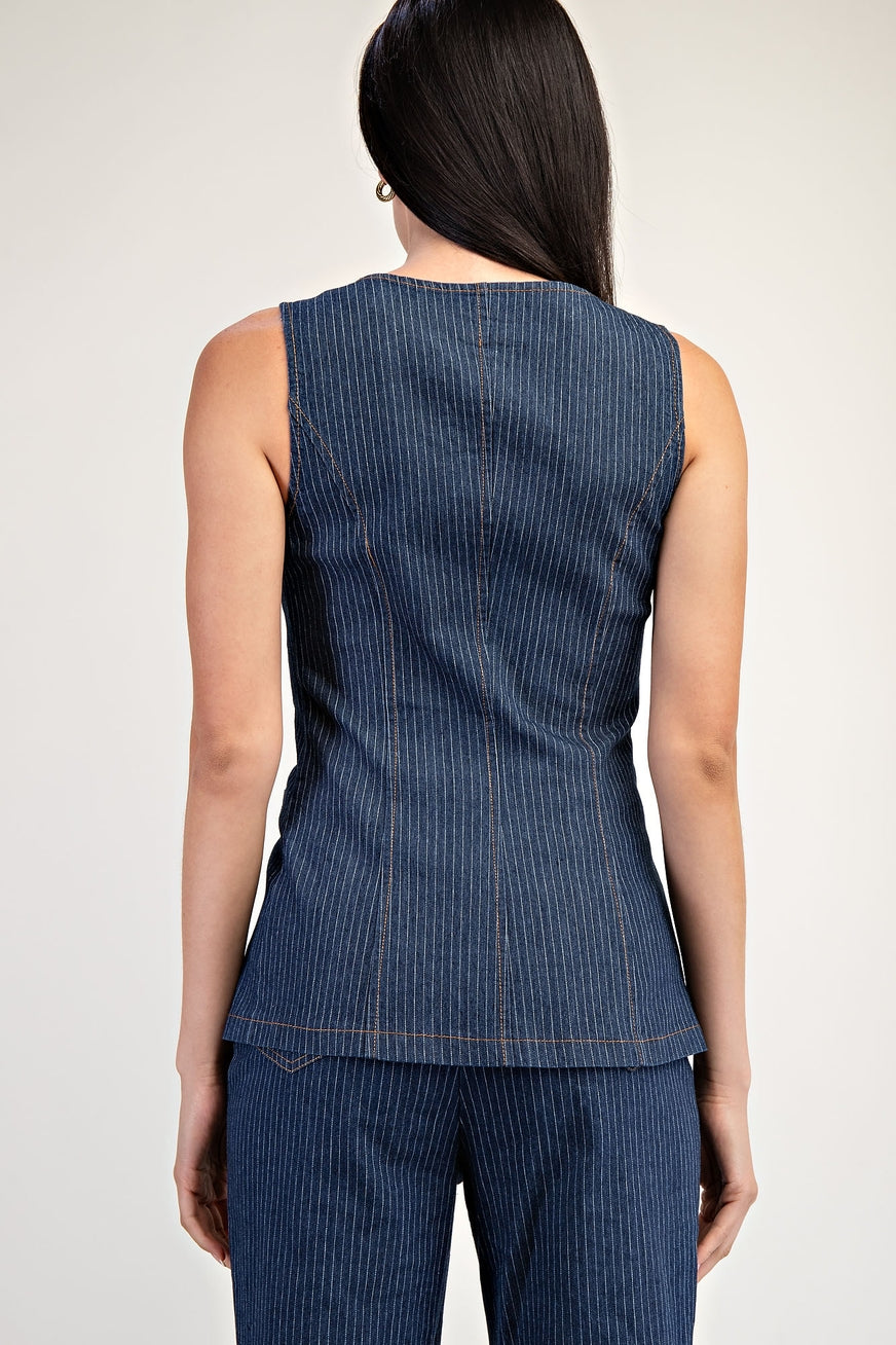 Pinstripe Denim Button-Up Vest