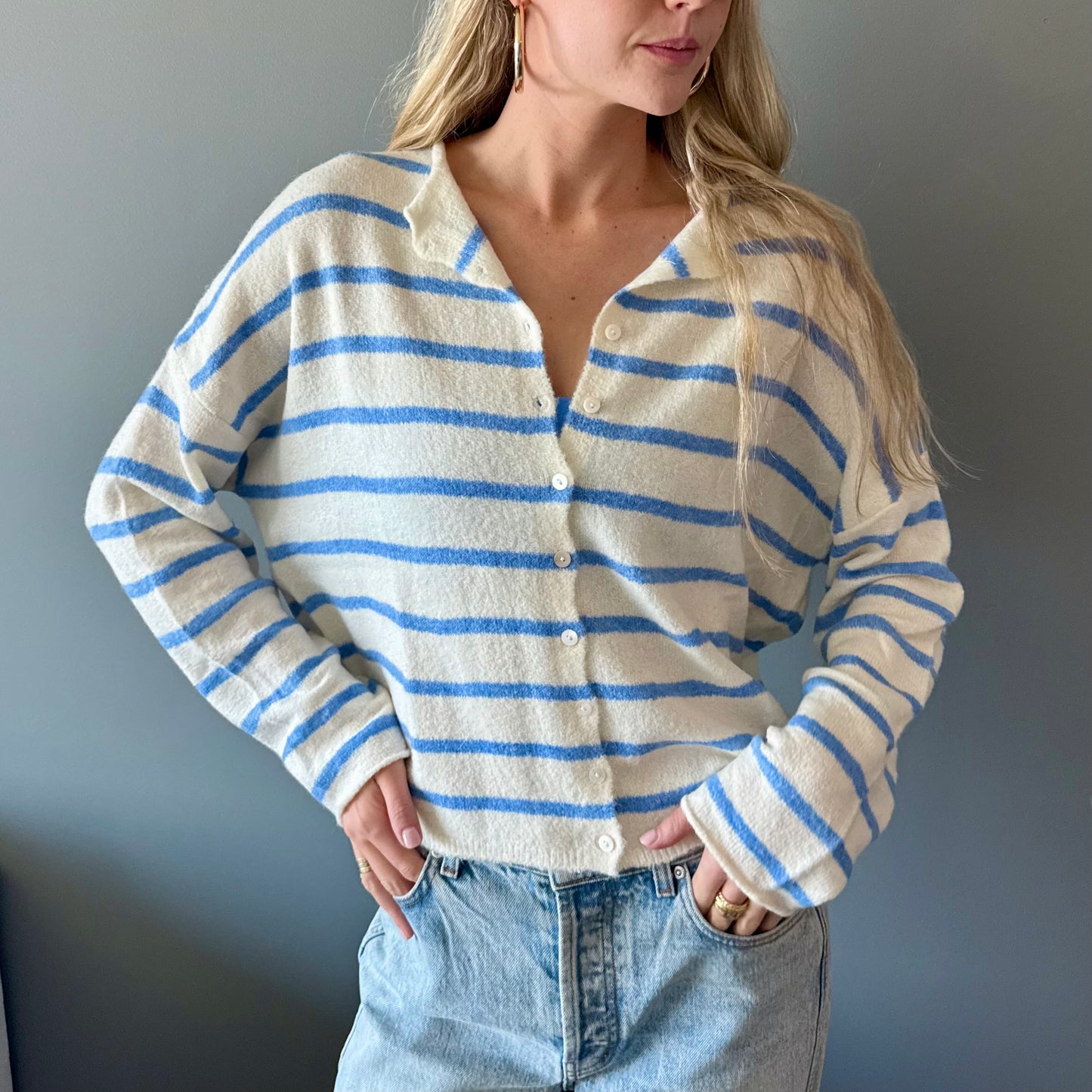 Coastal Striped Cardigan (Ivory/Light Blue)