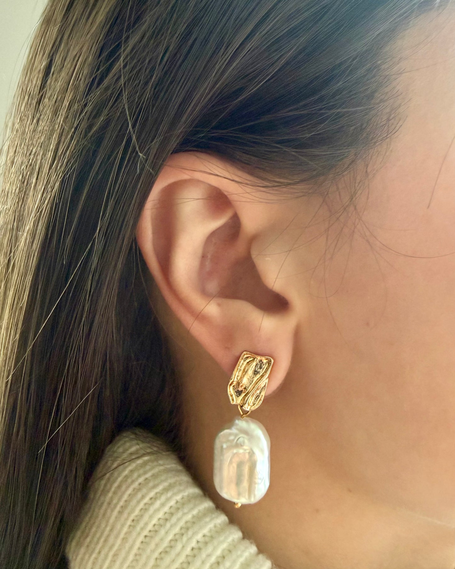 Textured Gold Freshwater Pearl Drop Earrings