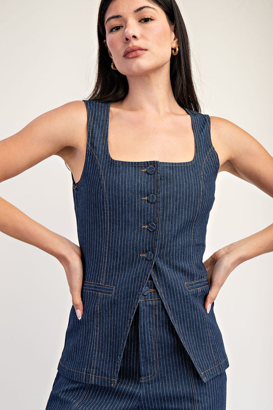 Pinstripe Denim Button-Up Vest