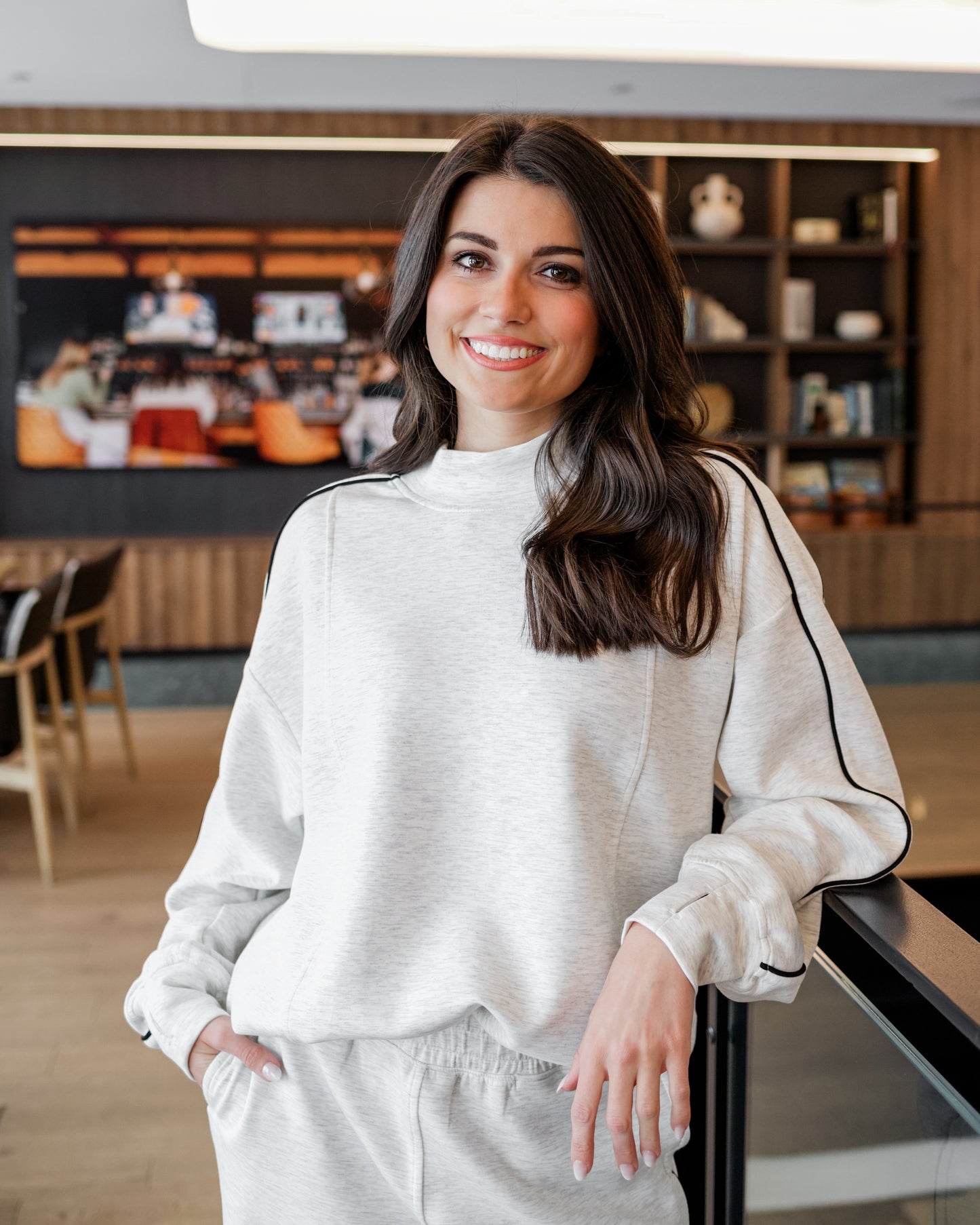 Piping Detail Mock Neck Top (Heather Grey/Black)