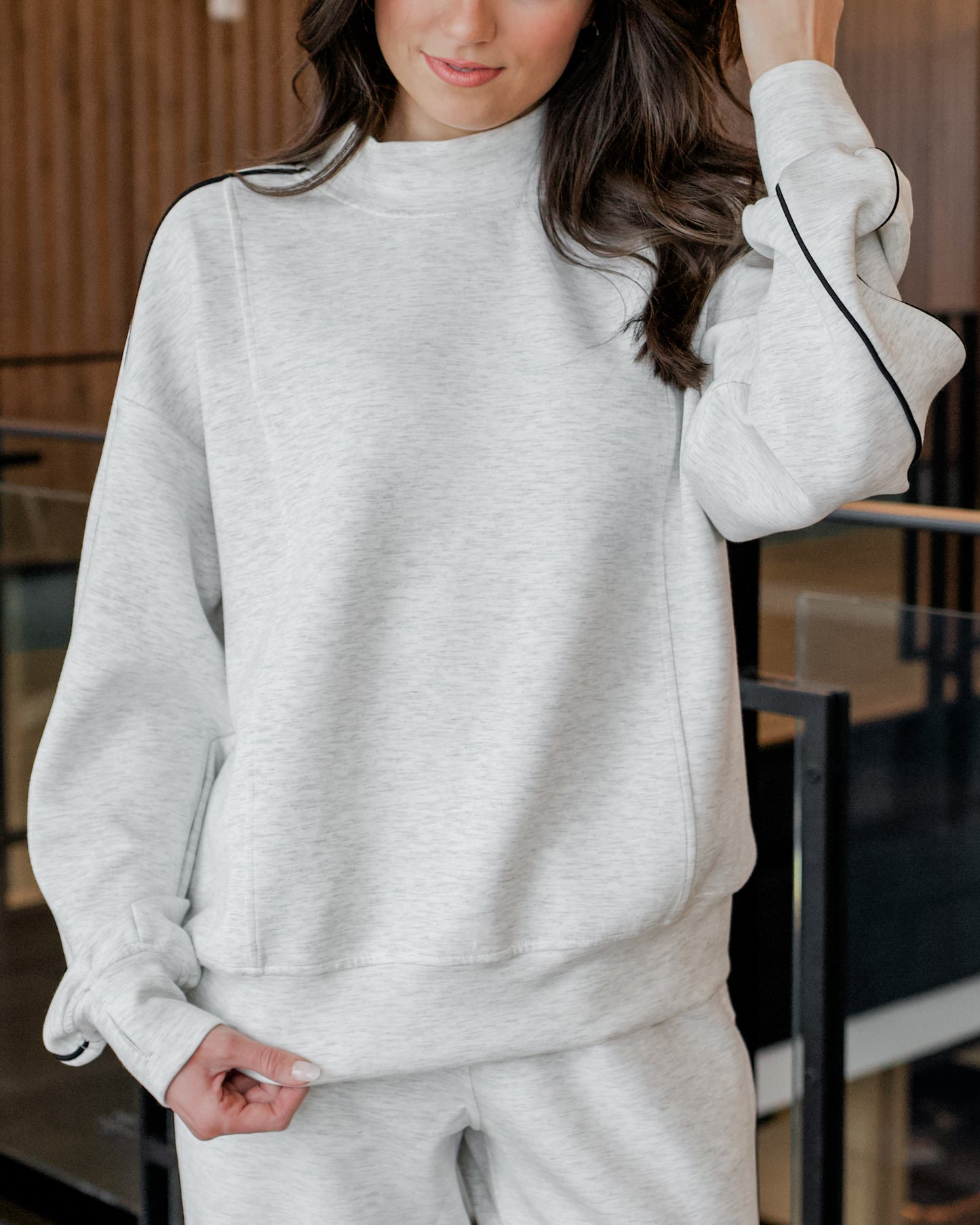 Piping Detail Mock Neck Top (Heather Grey/Black)