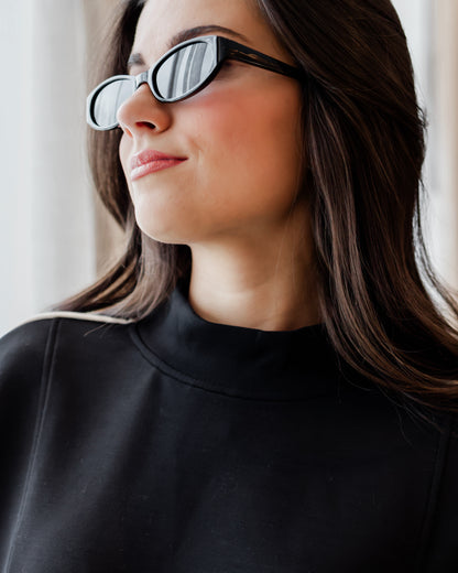 Piping Detail Mock Neck Top (Black/Cream)