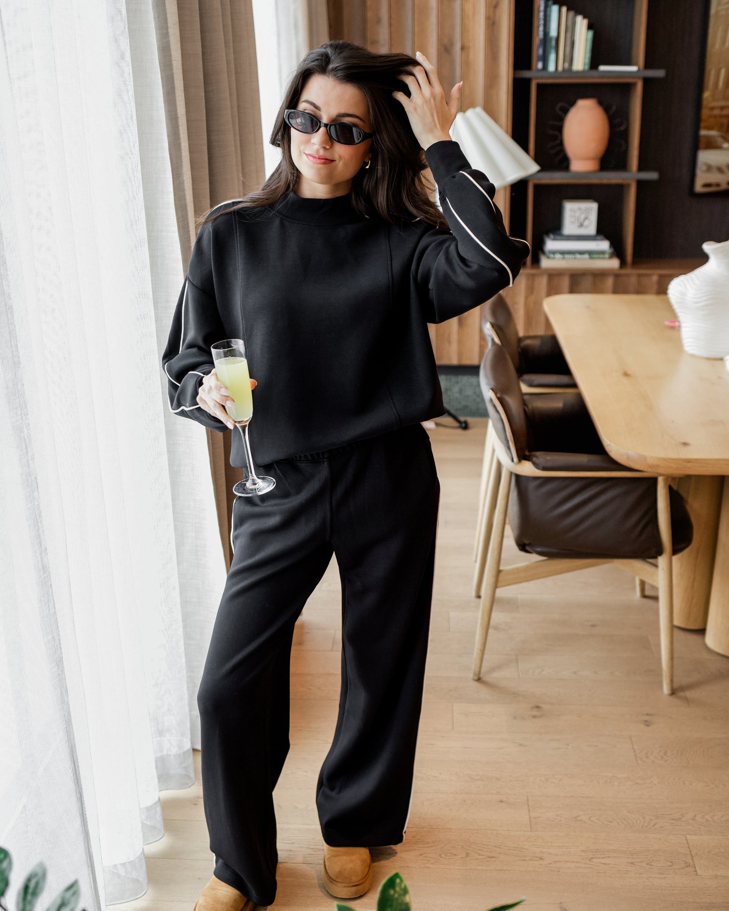 Piping Detail Mock Neck Top (Black/Cream)