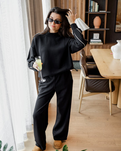 Piping Detail Mock Neck Top (Black/Cream)