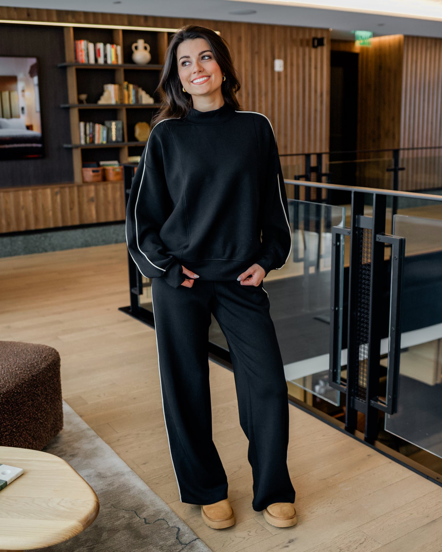 Piping Detail Mock Neck Top (Black/Cream)